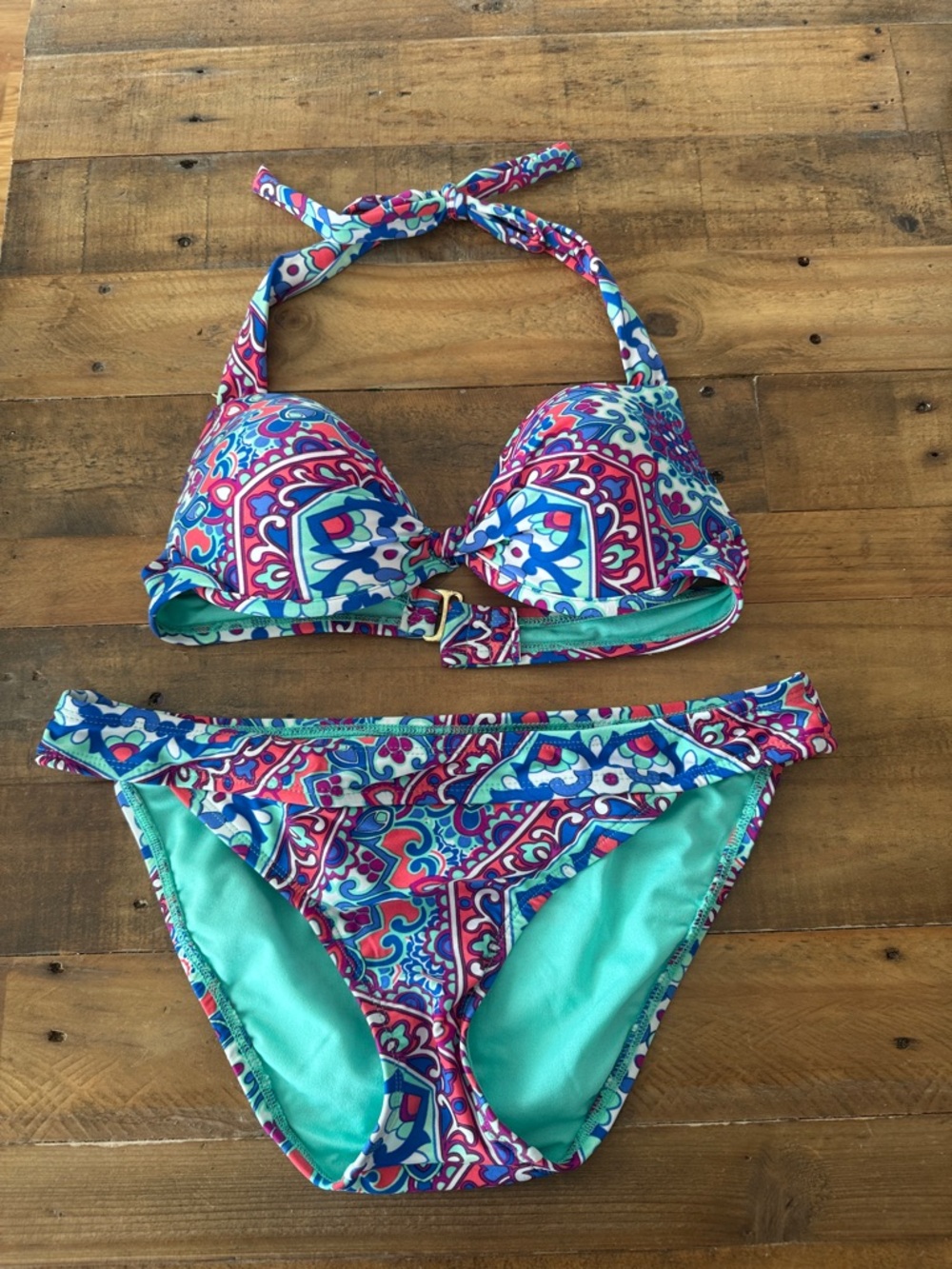 Colorful Paisley Print Bikini Set - Turquoise & Pink